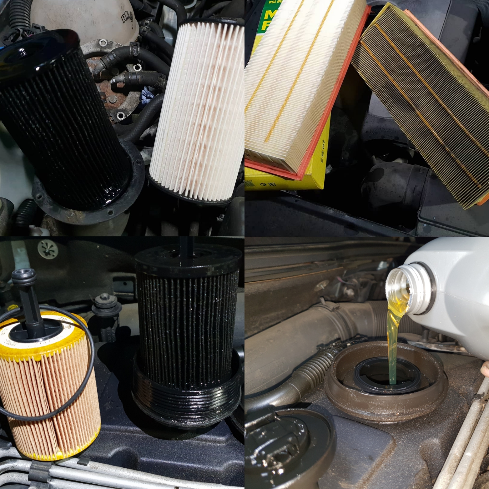 A service in four pictures: the old and new fuel filters, air filters, a new oil filter and fresh oil going in