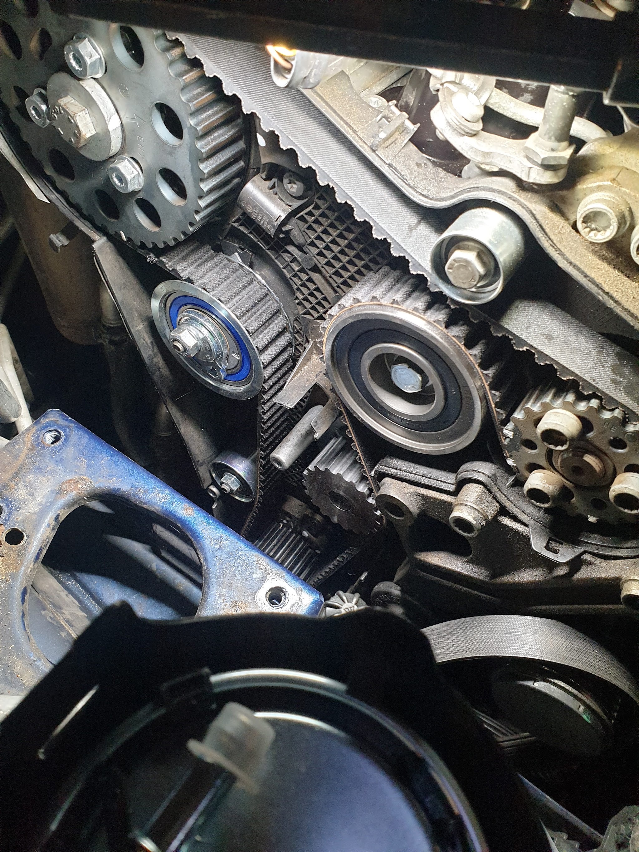 A cam belt job in progress: the new timing belt, tensioner and pulleys fitted